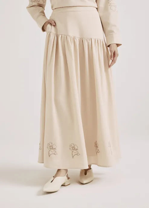 Beige Floral Embroidered Maxi Skirt