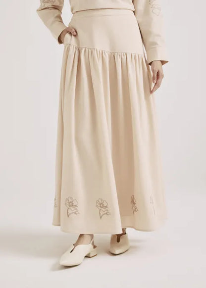 Beige Floral Embroidered Maxi Skirt