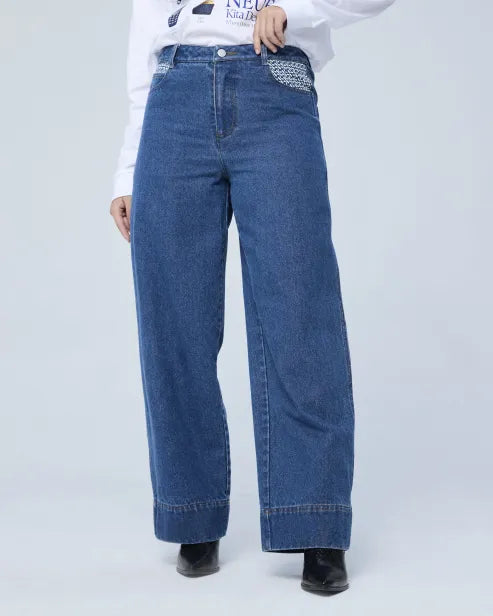 High-Rise Wide-Leg Embroidered Denim Jeans