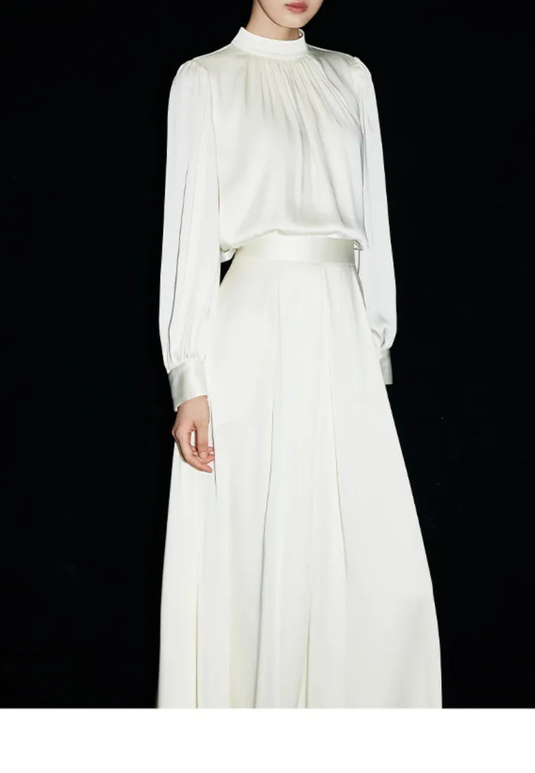 New Elegant French Silky Satin Shirt &amp; Skirt Set