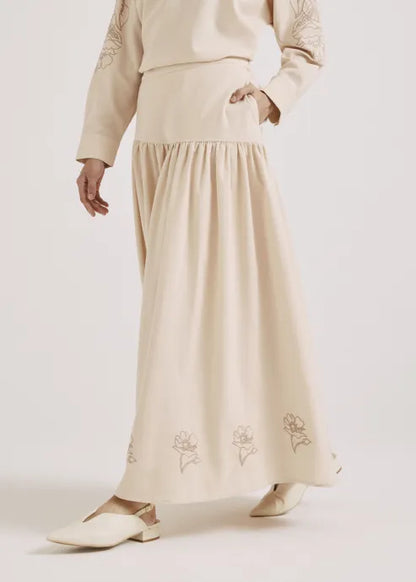 Beige Floral Embroidered Maxi Skirt