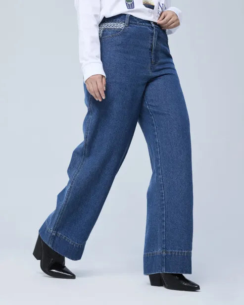 High-Rise Wide-Leg Embroidered Denim Jeans