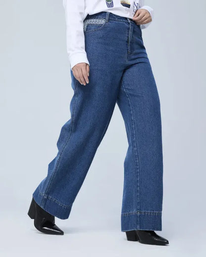 High-Rise Wide-Leg Embroidered Denim Jeans