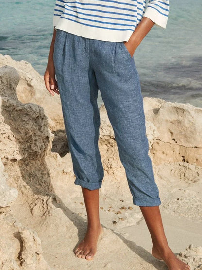 Blue Linen-Blend Cropped Pants