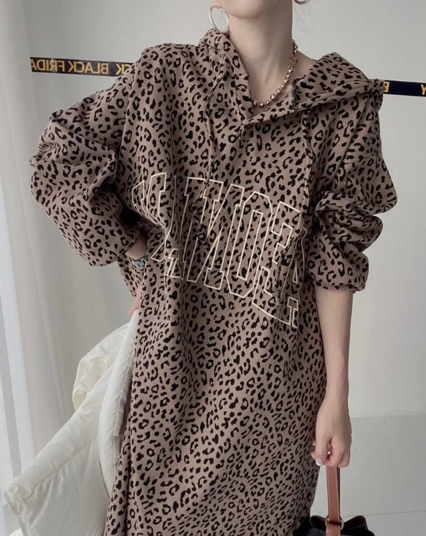 Oversized Leopard Print Hooded Dress