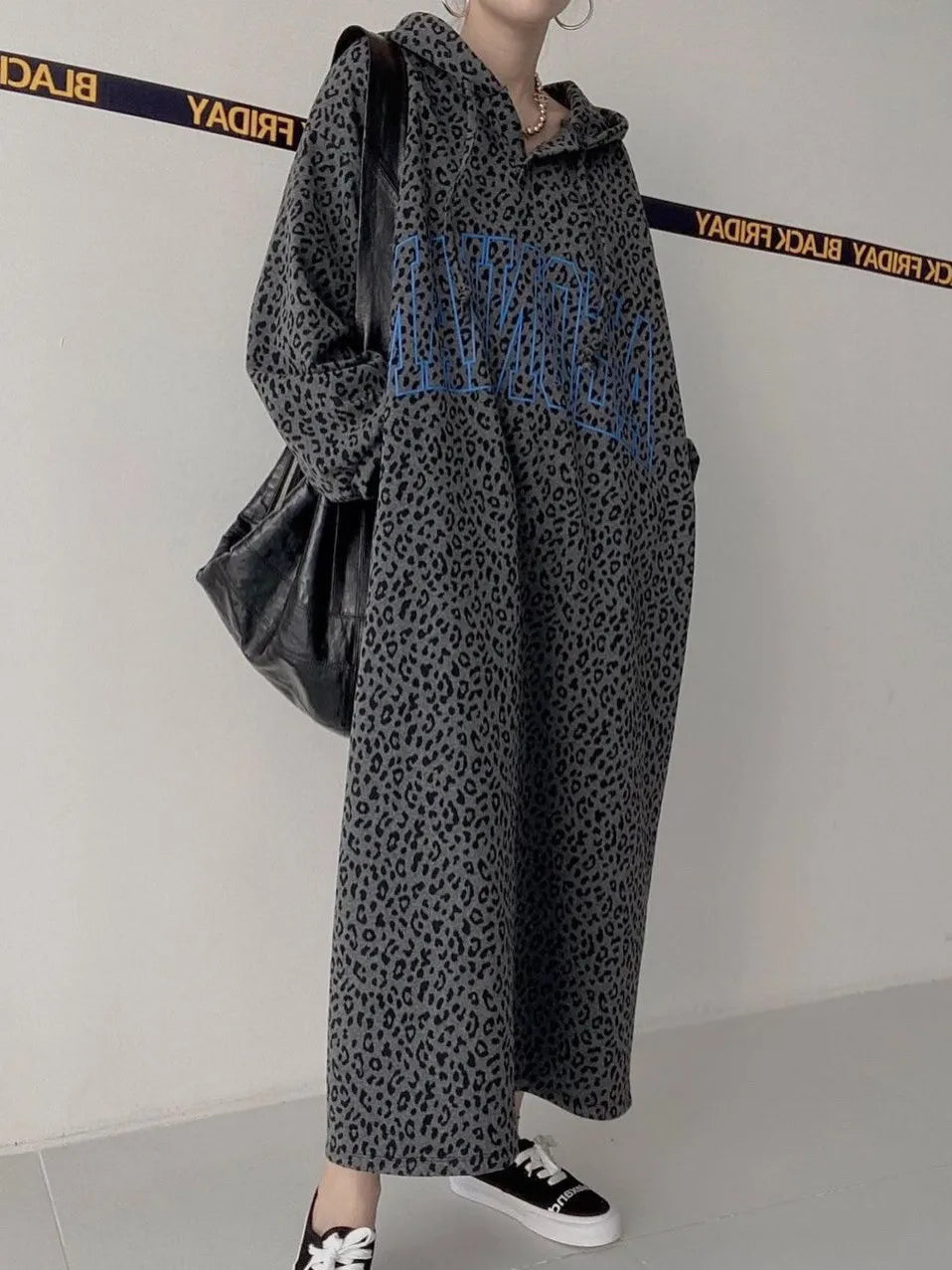 Oversized Leopard Print Hooded Dress