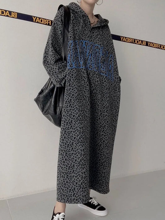 Oversized Leopard Print Hooded Dress