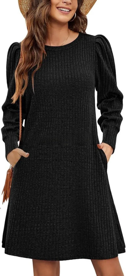 Long Sleeve Square Neck Ribbed Knit Dress