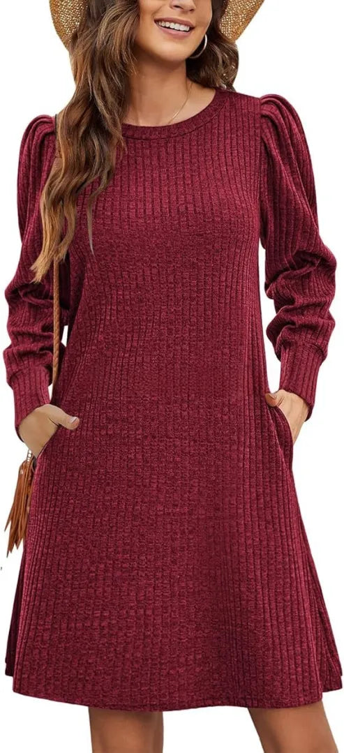 Long Sleeve Square Neck Ribbed Knit Dress