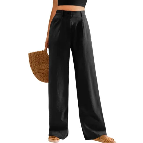 Black High-Waisted Wide-Leg Linen Blend Pants