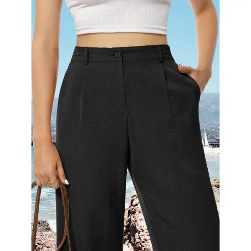 Black High-Waisted Wide-Leg Linen Blend Pants